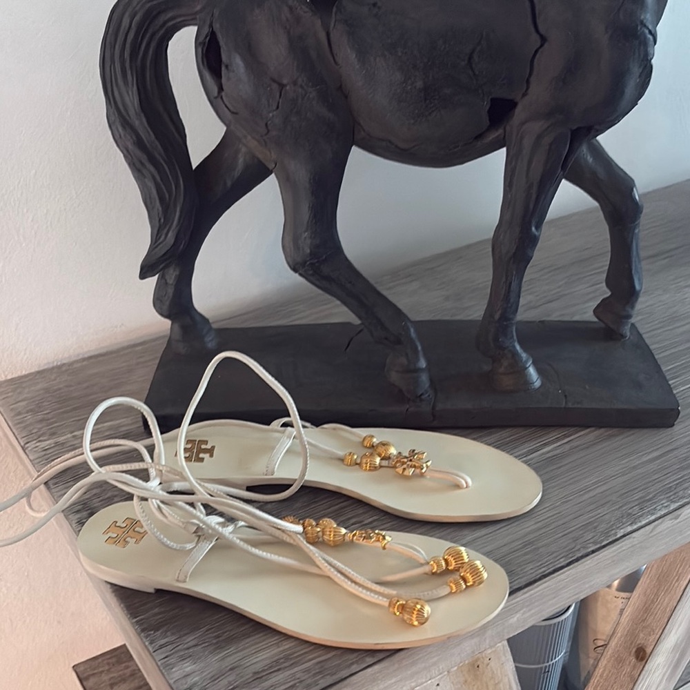 Tory Burch Cream and Gold Sandals with Ankle Straps